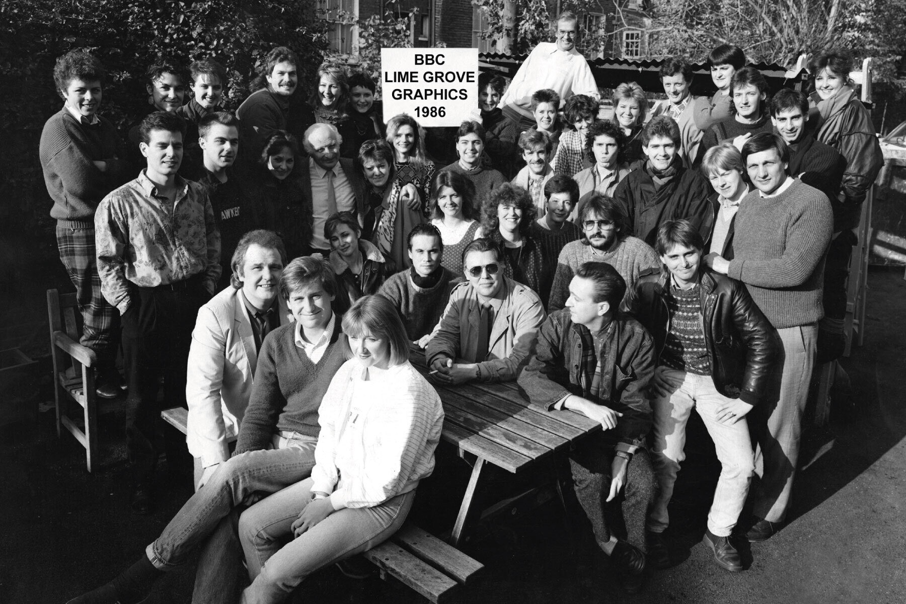Black and white group photo. BBC Lime Grove graphics team 1986.