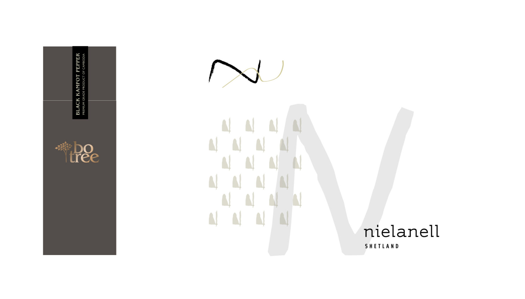 Visual of brown Botree card tube, gold logo and black tamper sticker. Sketches for Nielanell logo.