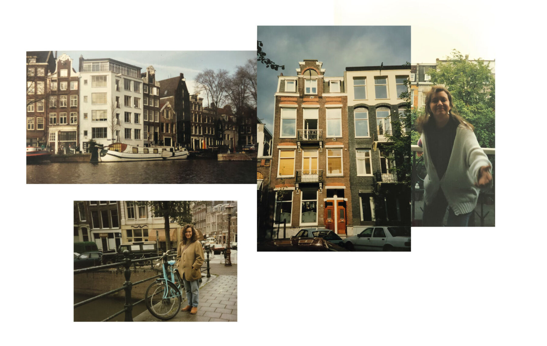 Photos of Amsterdam buildings and canals. Gail with bike and on her apartment balcony.