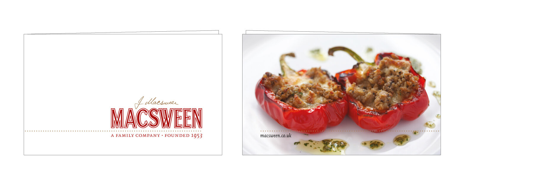 Macsween business card. Front with red and gold logo. Back has photo of stuffed red peppers.