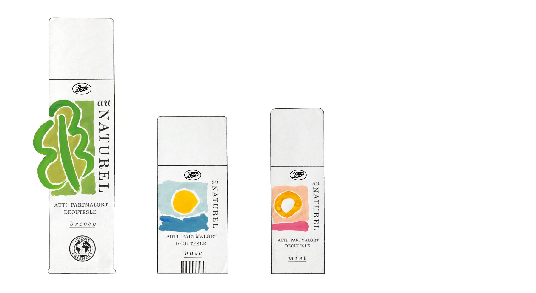 3 sketches for Boots Au Naturel deodorants.