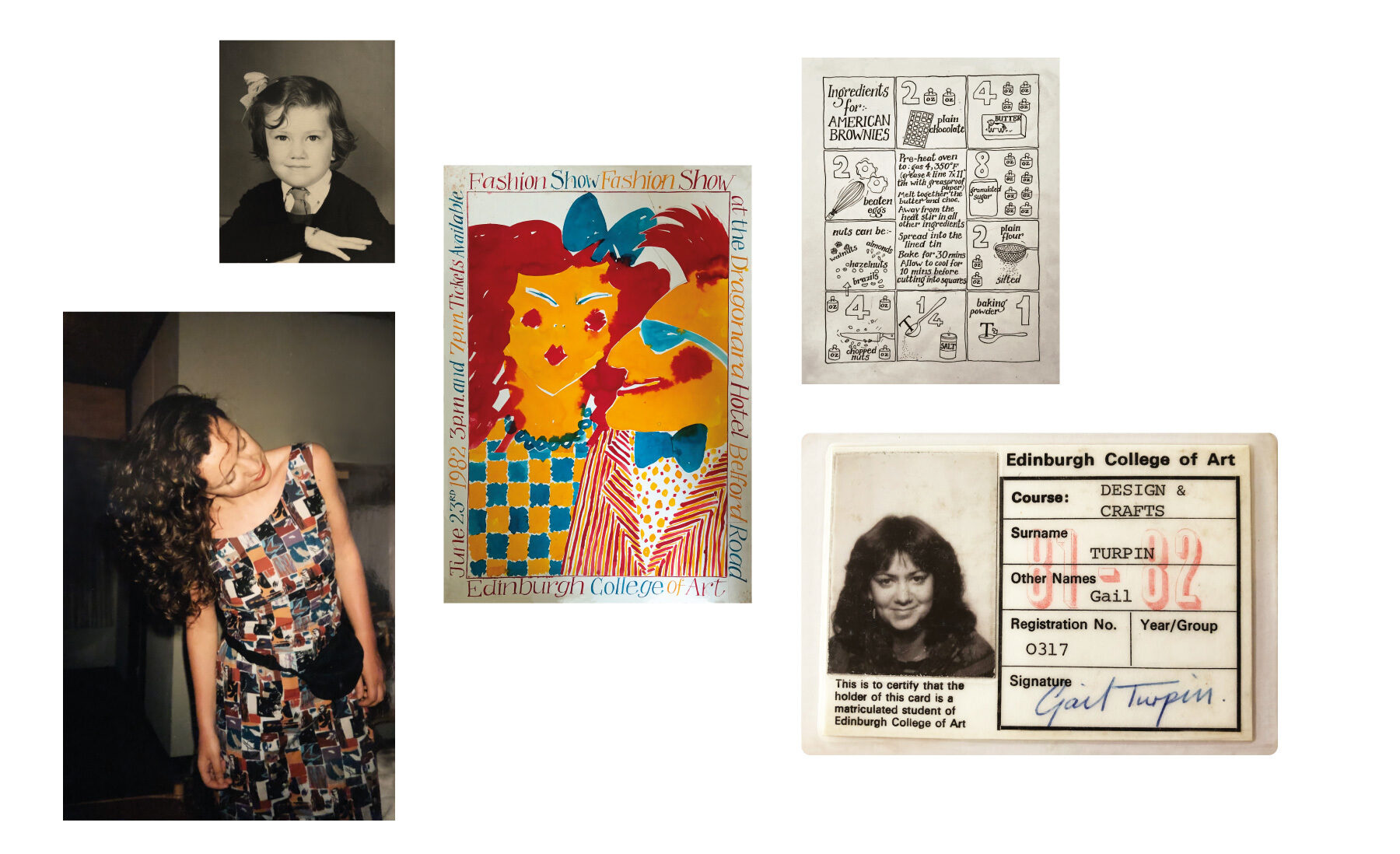 5 images from Gail's past. Childhood and college photo, ECA matriculation card and 2 illustrated pieces of art collge work.