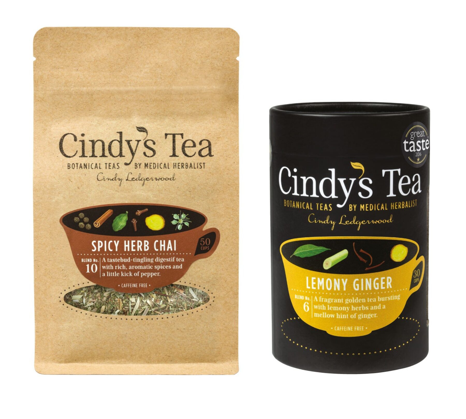 Kraft pouch 'Spicy herb chai' and Black card caddy with 'Lemony ginger' tea cup sticker.