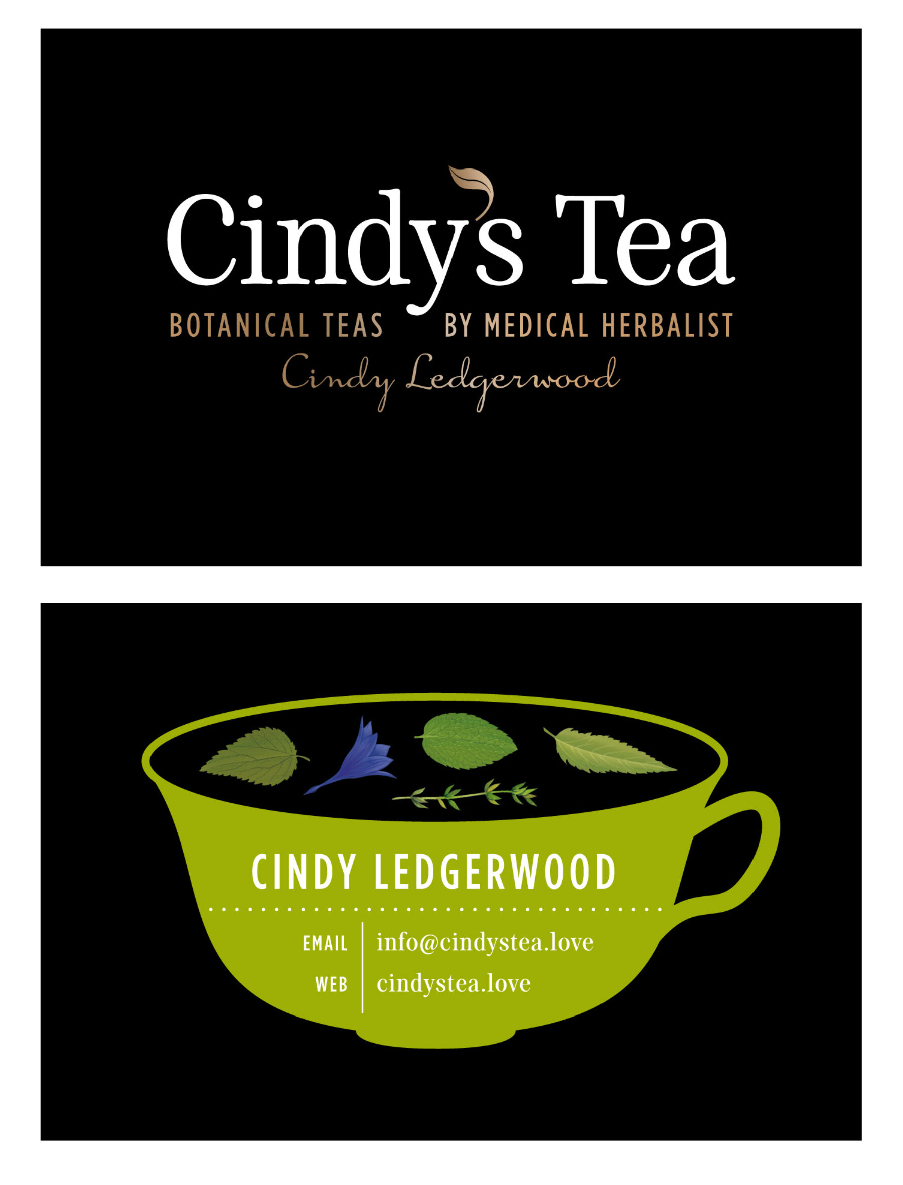 Front and back of Cindy's Tea business card.