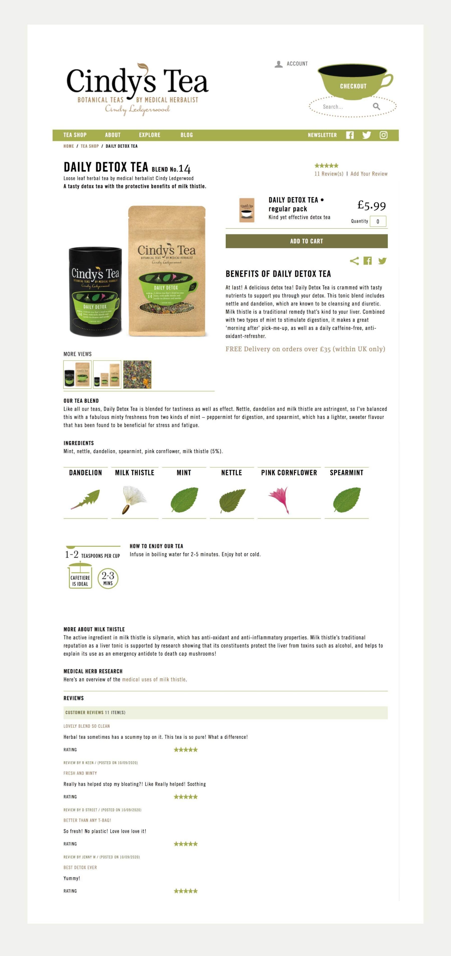 Visual of Cindy's Tea, Daily Detox page.