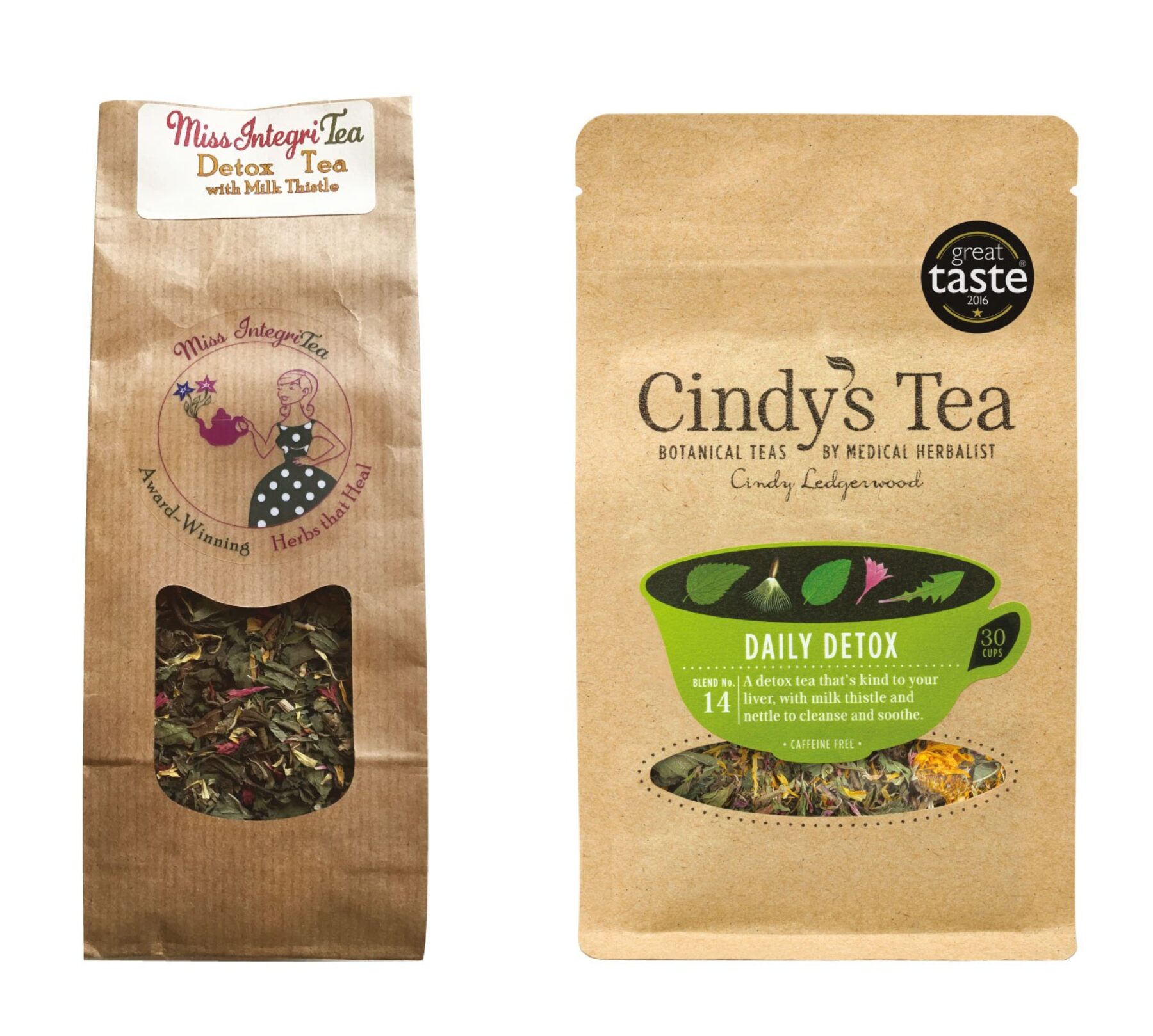 Old pouch and new pouch design for Cindy's Tea.