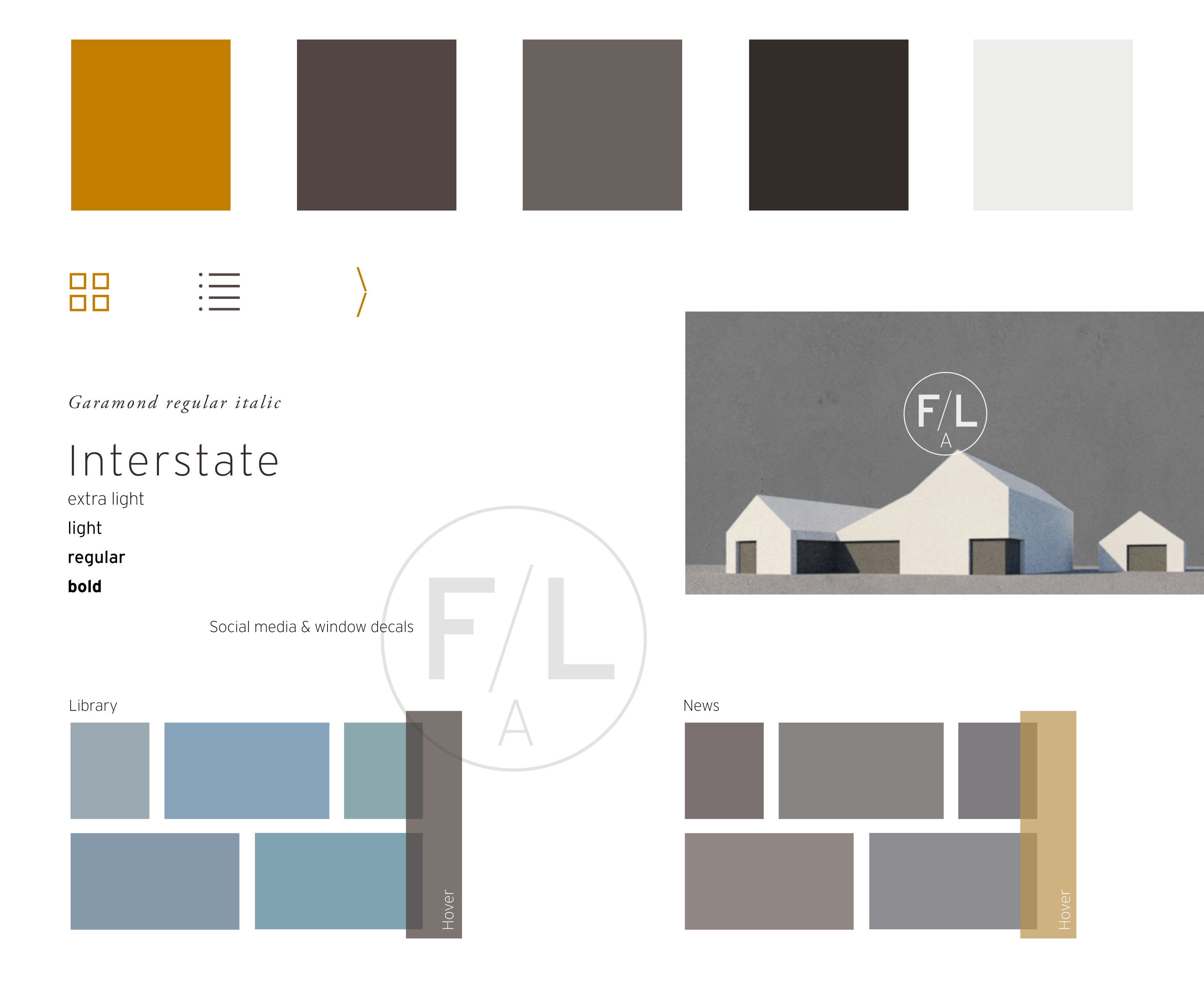 Fraser/Livingstone Architects mood board. Colour swatches, type, building visual and F/LA logo.