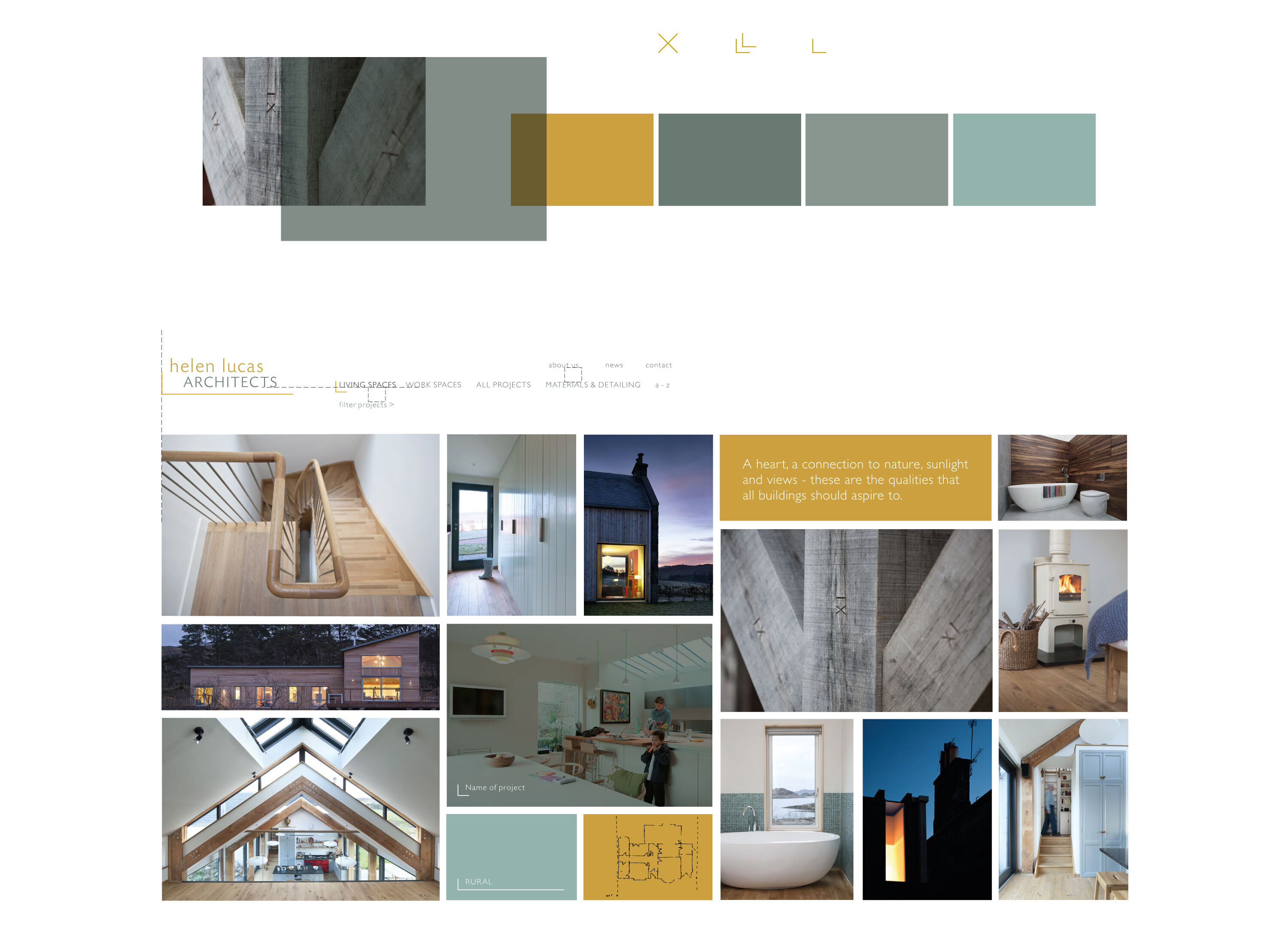 Mood board for Helen Lucas Architects showing colour palette and layout of images on home page.