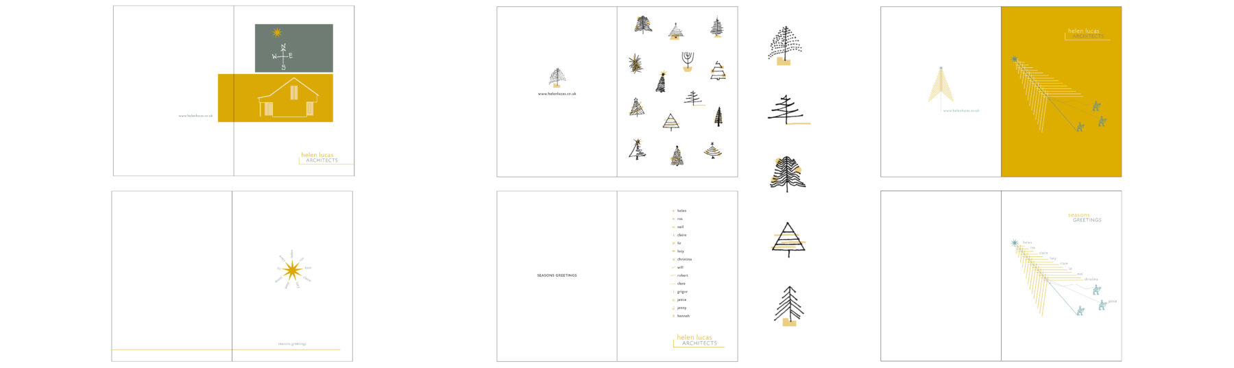 Visuals showing designs for Helen Lucas Architects Christmas cards with illustrations.