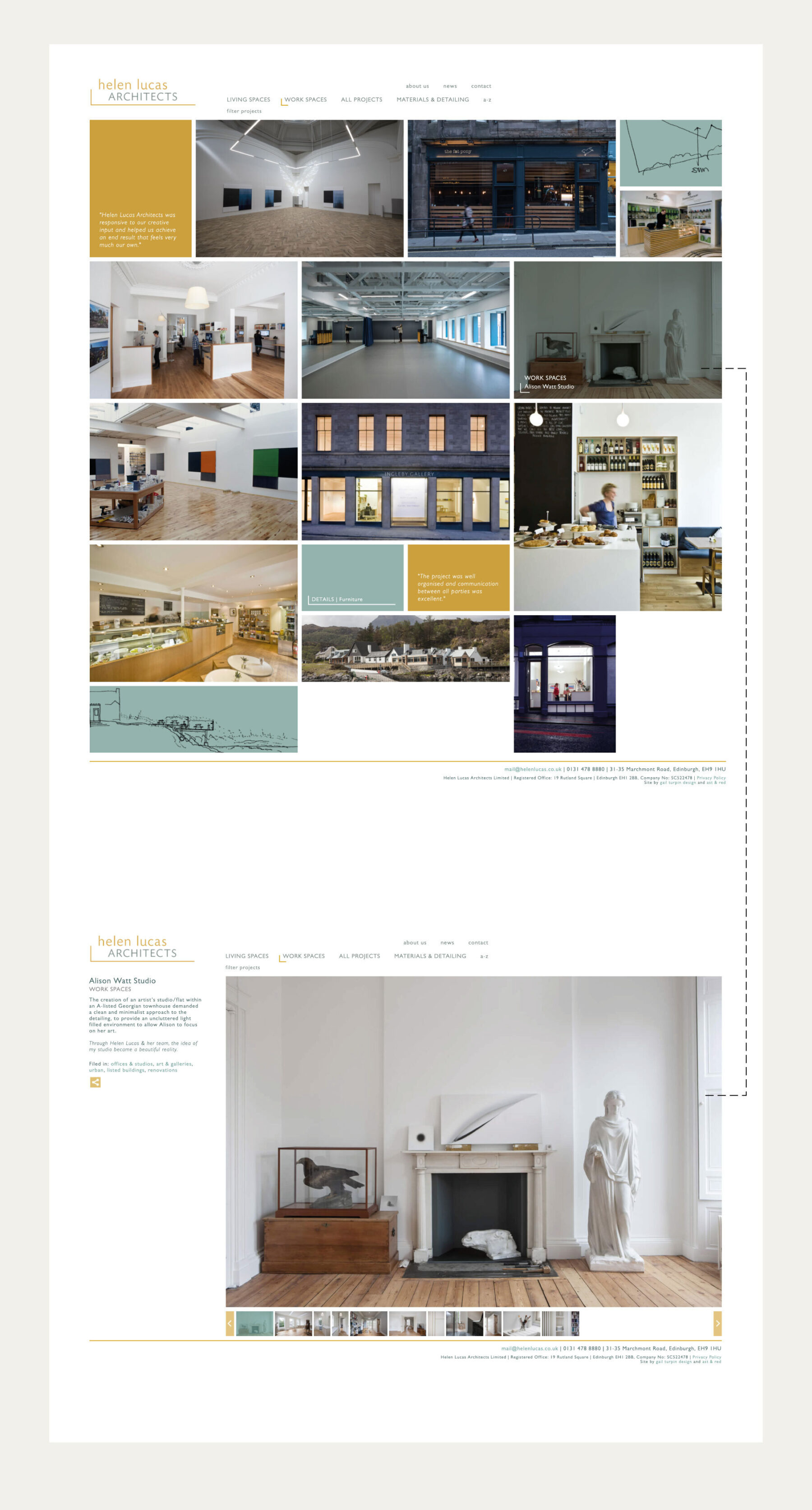 Visual of Helen Lucas Architects website showing 'Work spaces' pages.