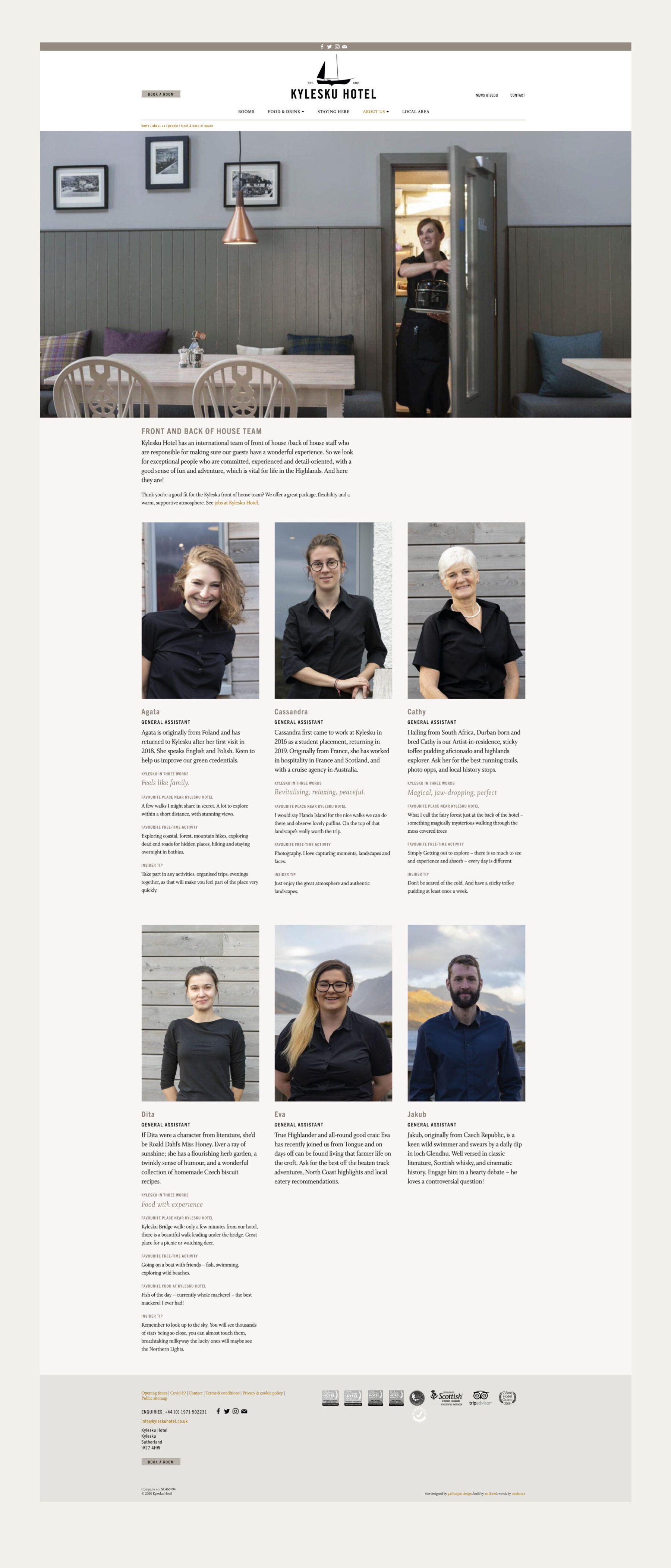 Visual showing the about page, Kylesku website.