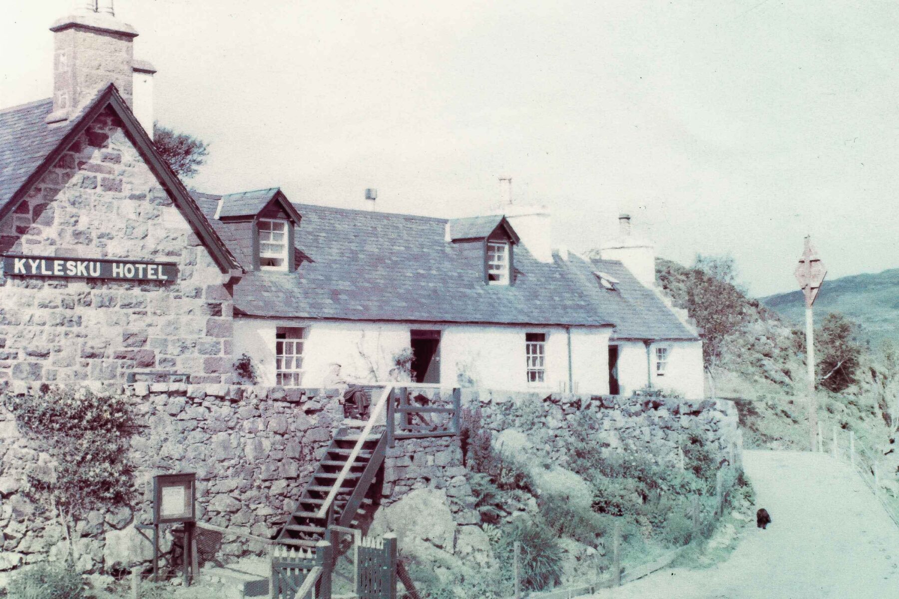 Historic black and white photo of Kylesku Hotel, Scotland.