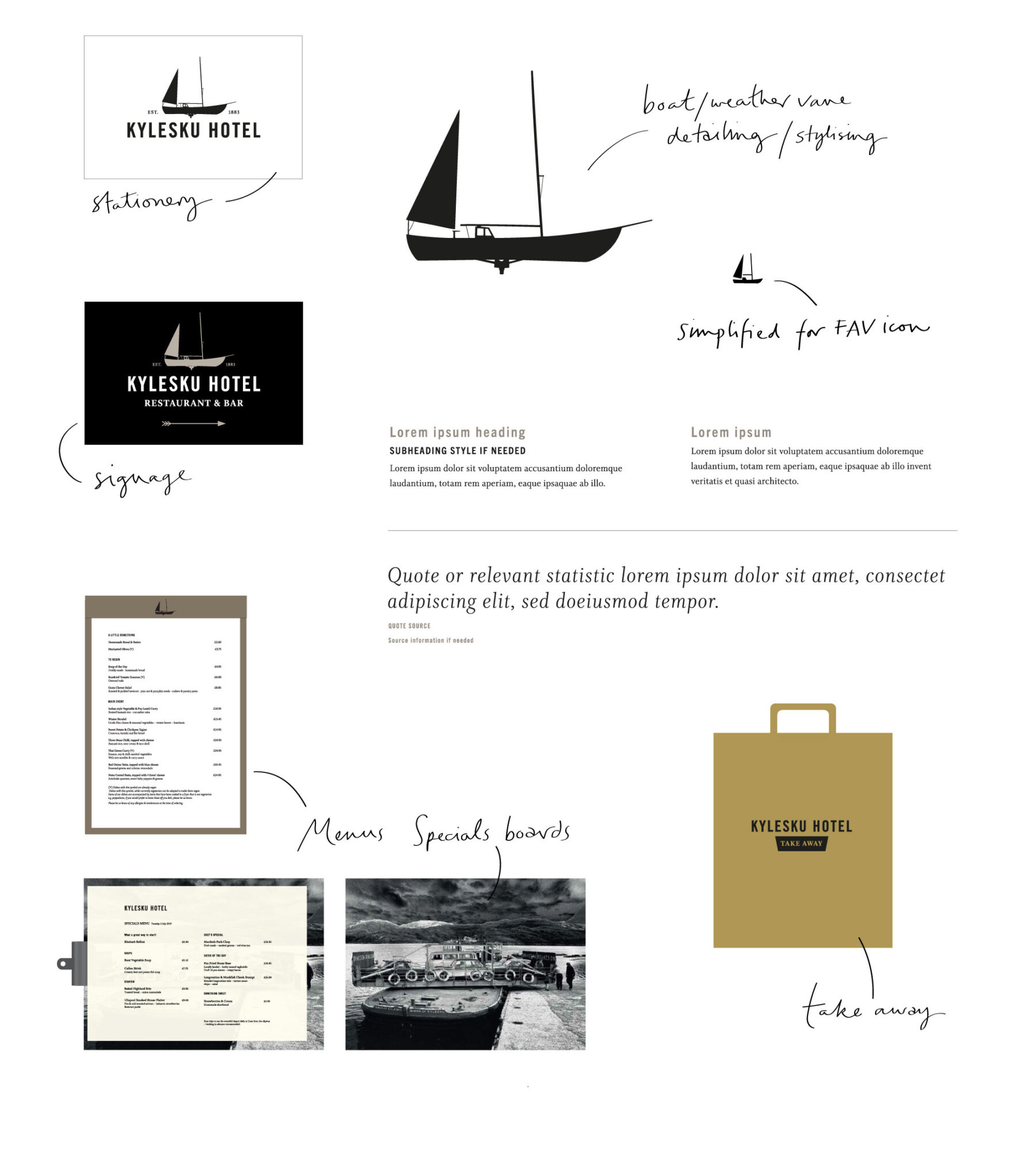 Branding mood board for Kylesku Hotel showing logos, signage, menus and take-away bag.