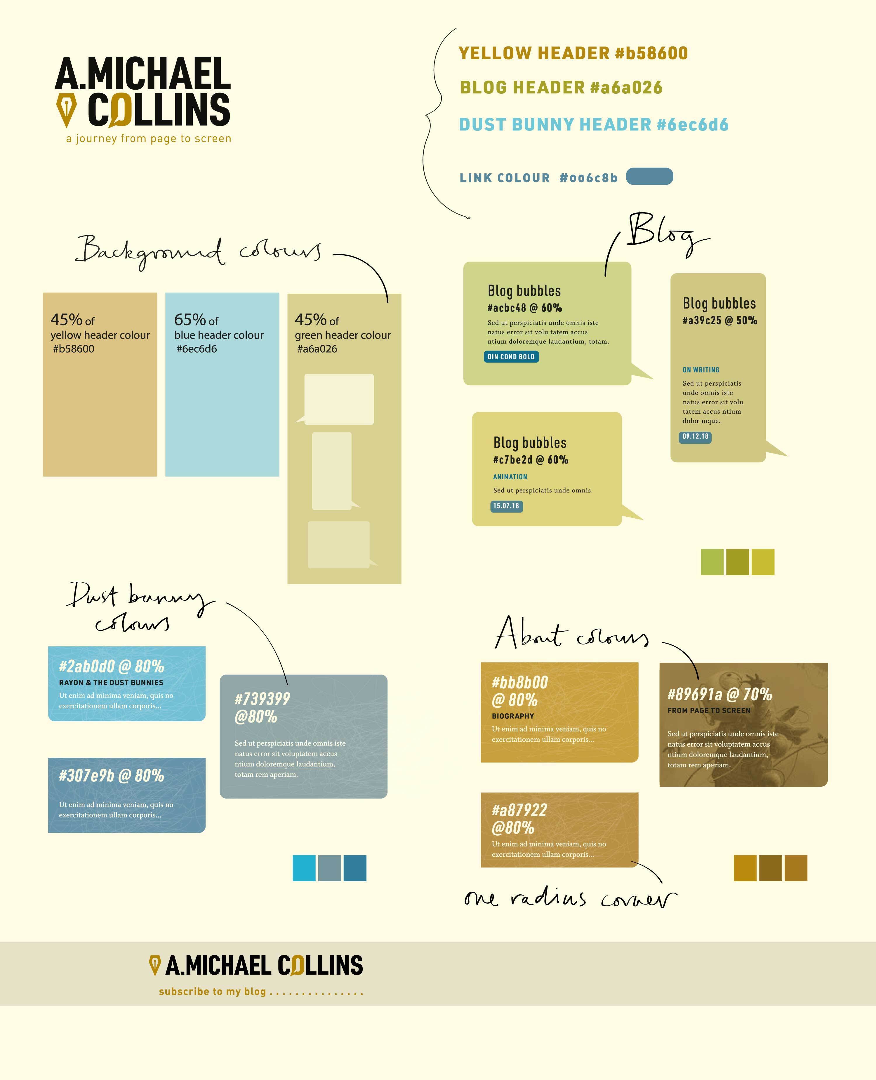 Branding moodboard for A. Michael Collins showing colours and typography for sections.