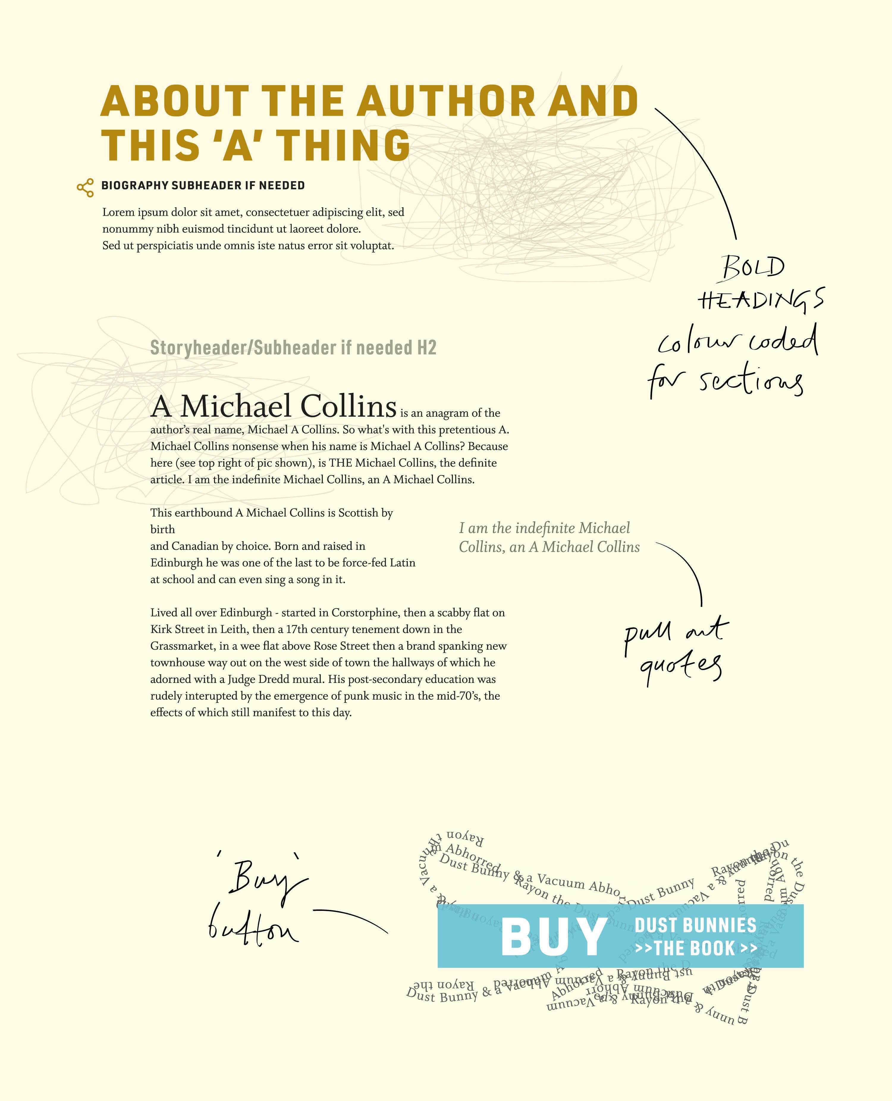 Visual to show typography and 'Buy button' for A. Michael Collins website.
