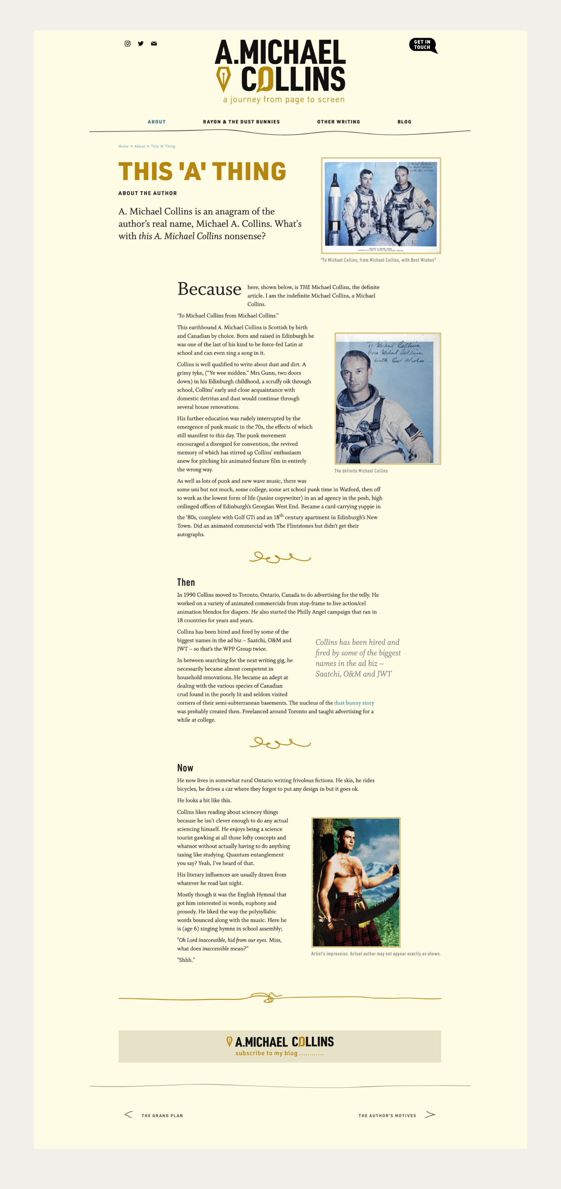 Visual of A. Michael Collins website showing the About page.