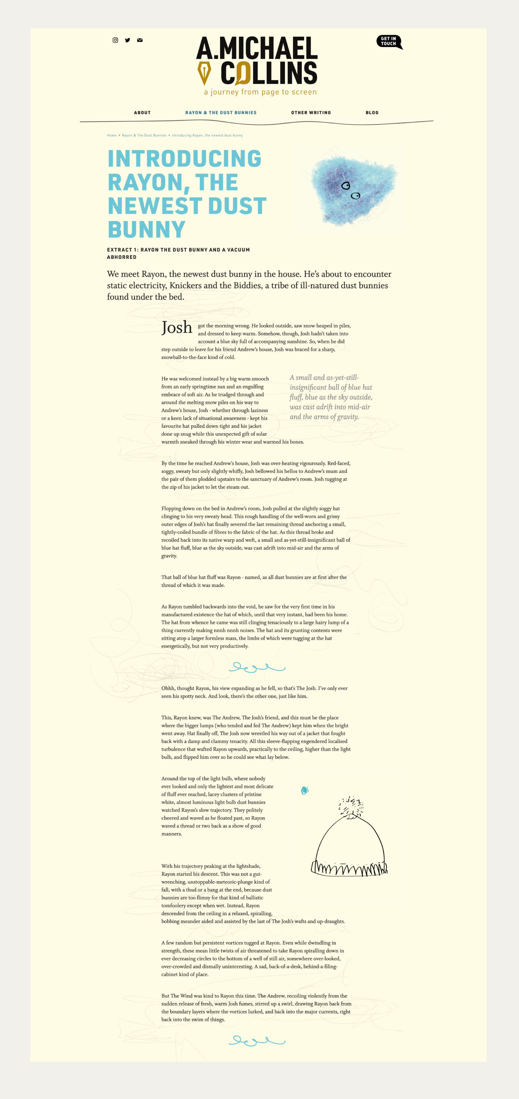 Visual of A. Michael Collins website showing the Rayon & the dust bunnies page.