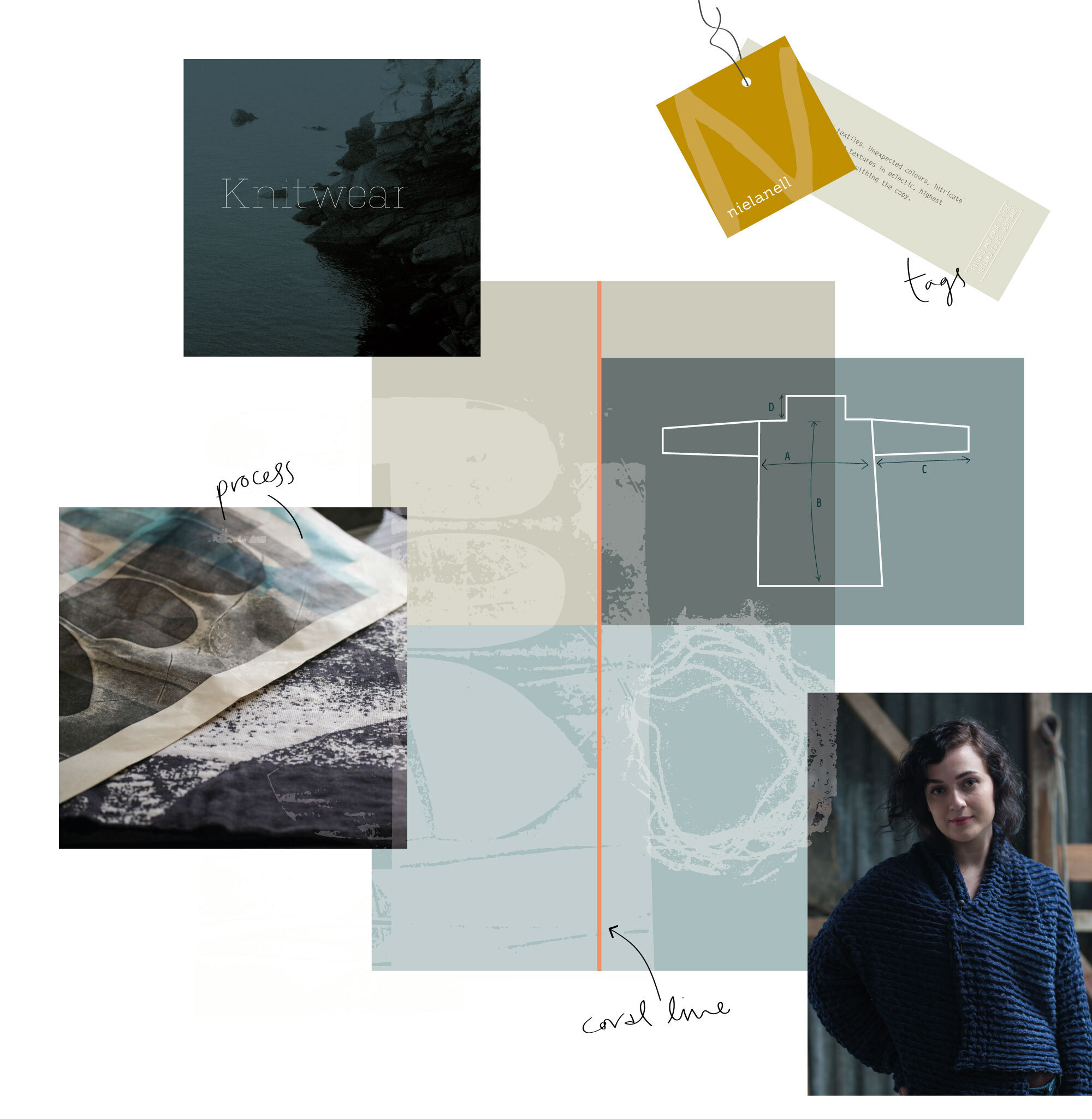 Nielanell branding mood board showing colour, photography direction, illustration style, textured background and designed clothing tags.
