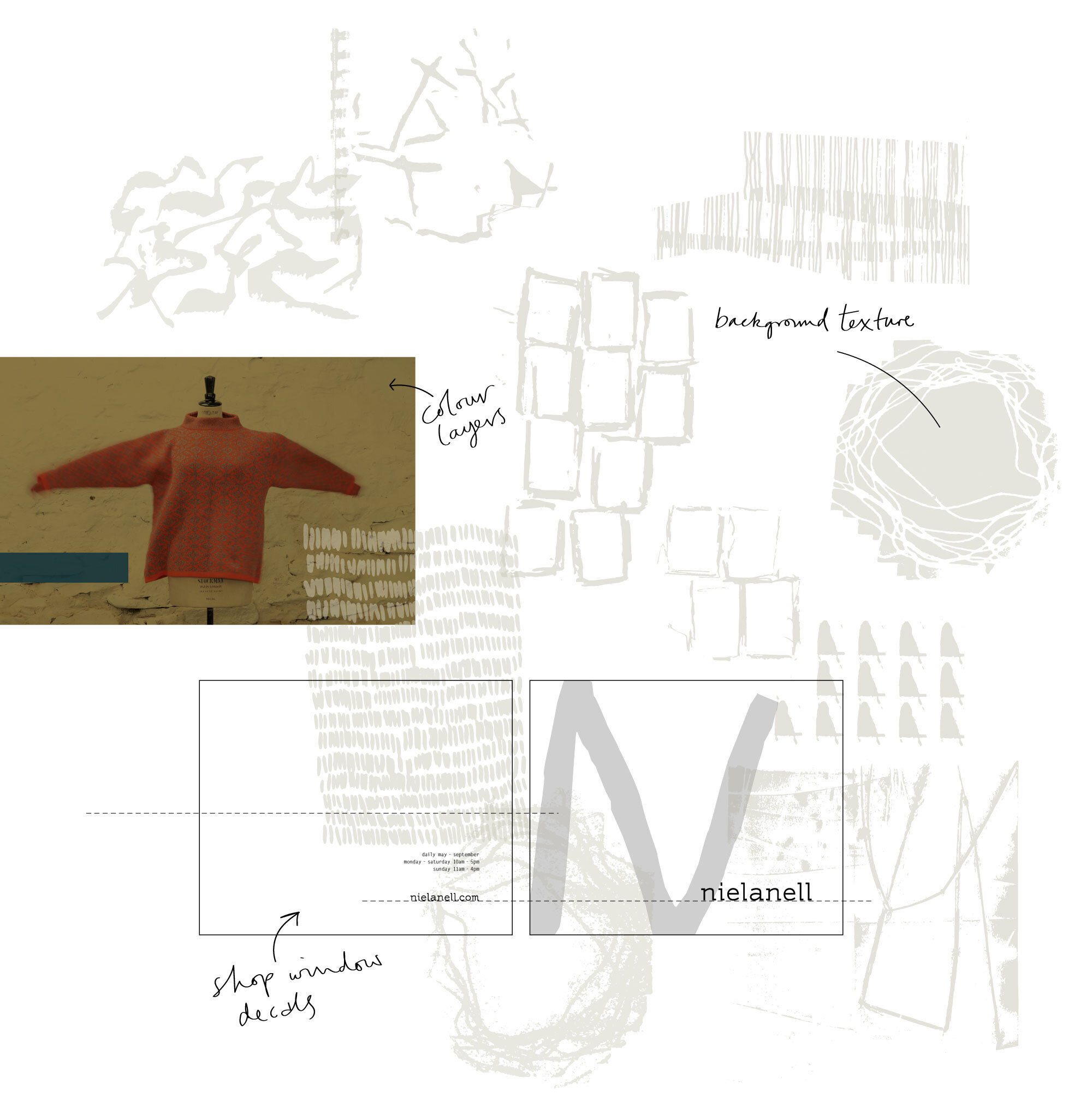 Nielanell branding mood board showing colour overlays for website, window design decals and background textures.