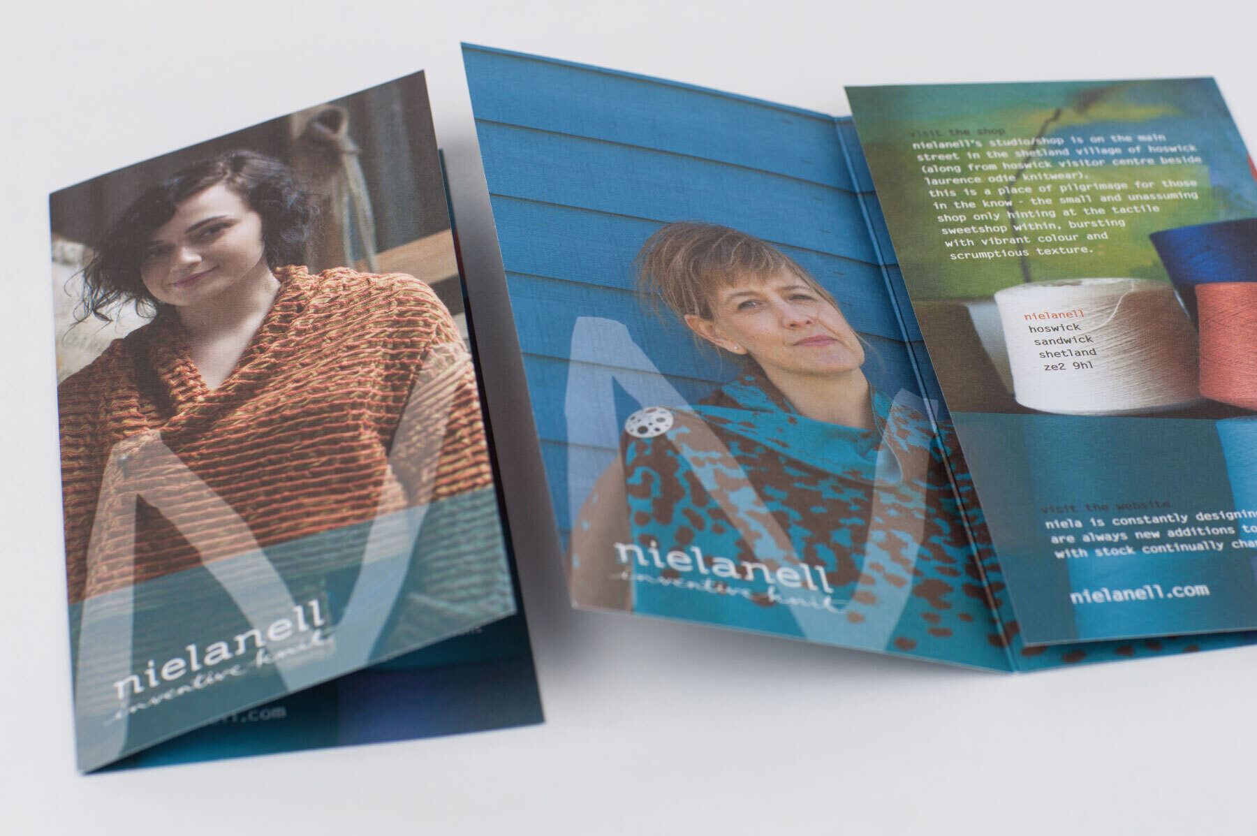 Nielanell leaflet showing models in knitwear, typography, landscape and typography.