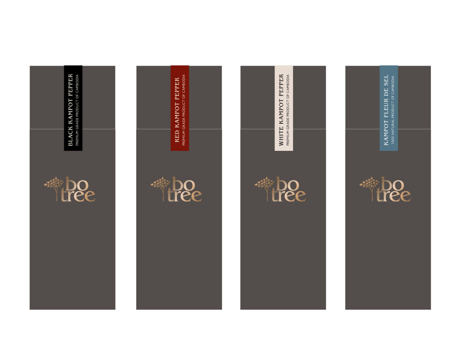 Visual to show 4 brown card tubes with colour-coded stickers for Botree seasonings.