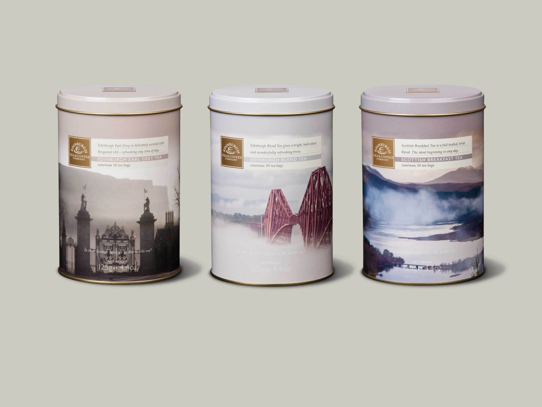 3 Edinburgh Tea & Coffee Co. tins with Scottish scenes.