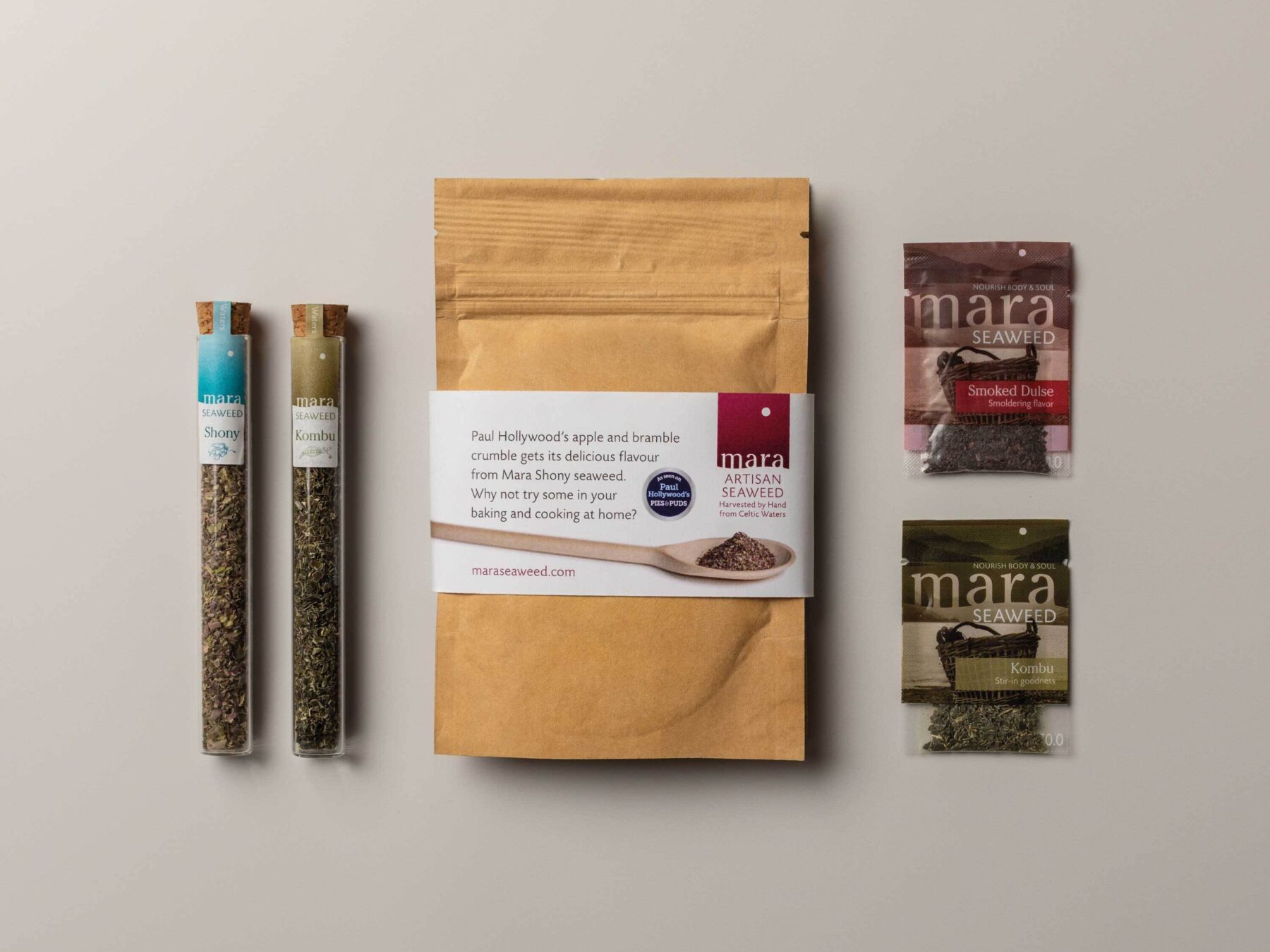 Mara kraft pouch with belly band featuring Paul Hollywood's use of Mara Shony seaweed. 2 glass test tubes and 2 sachets of seaweed.